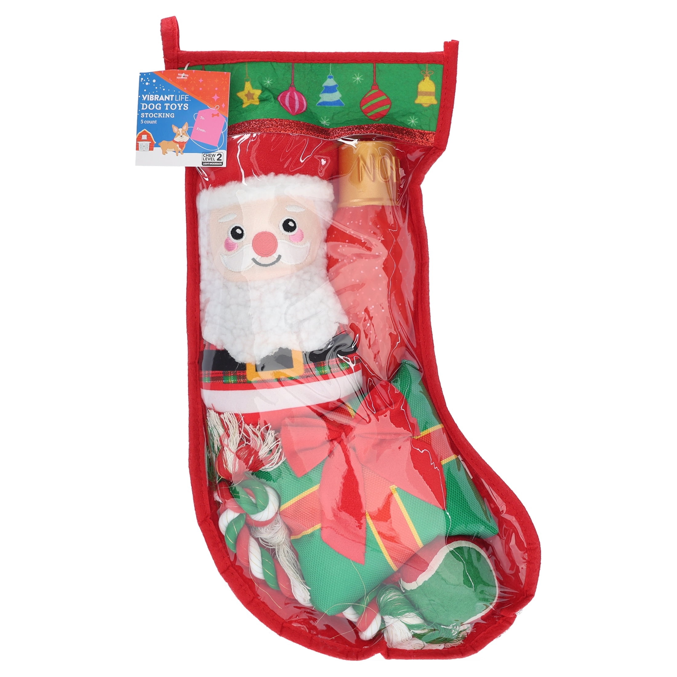 Vibrant Life Holiday Dog Toys Stocking, Red, 5 Pieces