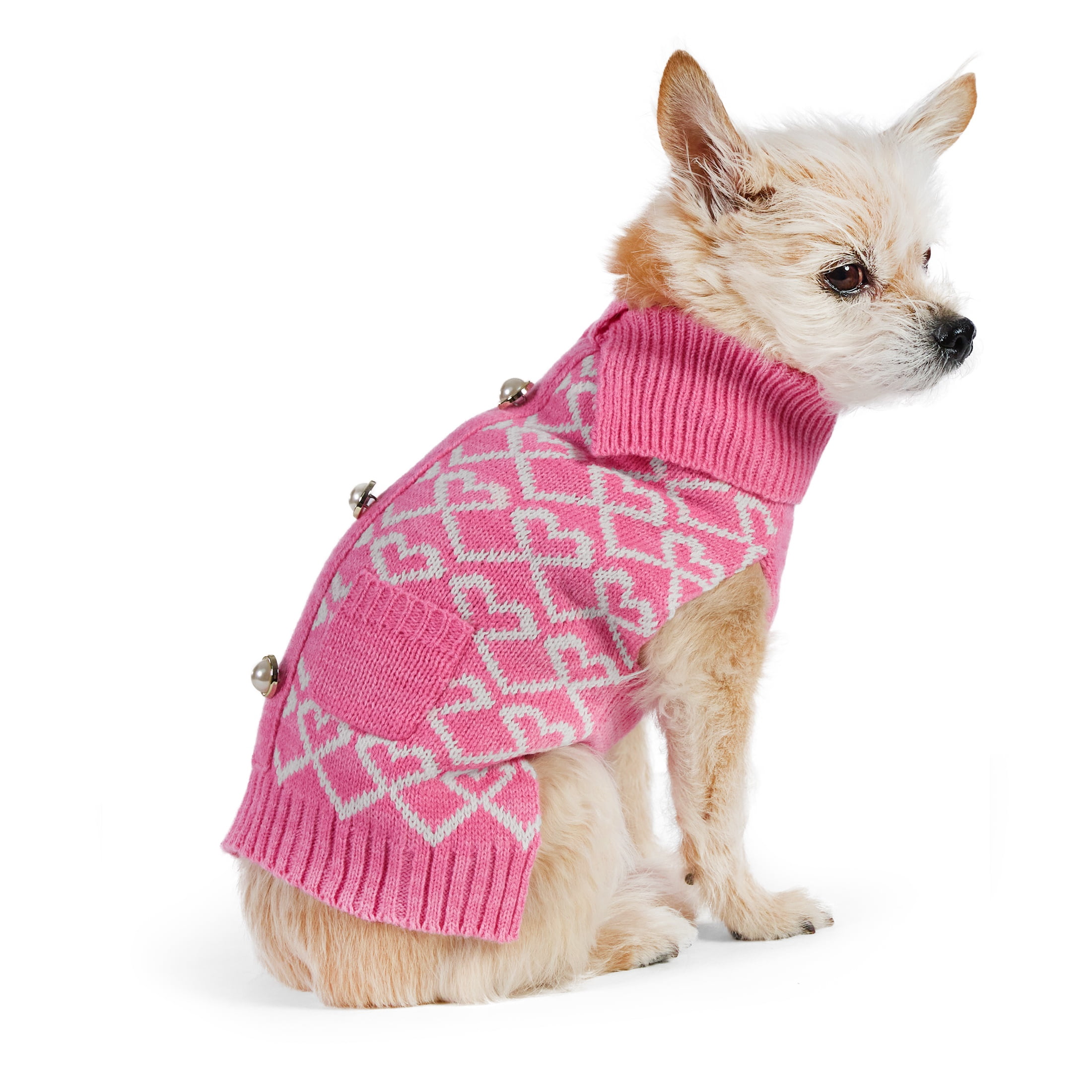 Vibrant Life Sweater for Dogs and Cats, Hearts with Pearl Buttons, Pink, XS