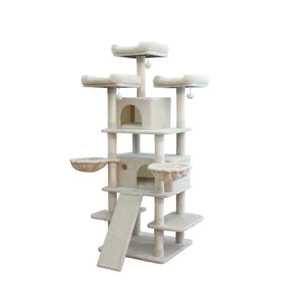Vibrant Life Heavy Duty 8-Level 66" Cat Tree with Scratching Ramp, Two Condos and Hammocks, Beige