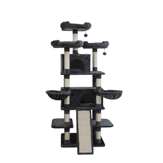 Vibrant Life Heavy Duty 8-Level 66" Cat Tree with Scratching Ramp, Two Condos and Hammocks, Dark Gray