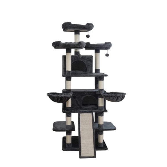 Vibrant Life Heavy Duty 8-Level 66" Cat Tree with Scratching Ramp, Two Condos and Hammocks, Dark Gray