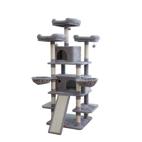 Vibrant Life Heavy Duty 8-Level 66" Cat Tree with Scratching Ramp, Two Condos and Hammocks, Light Gray