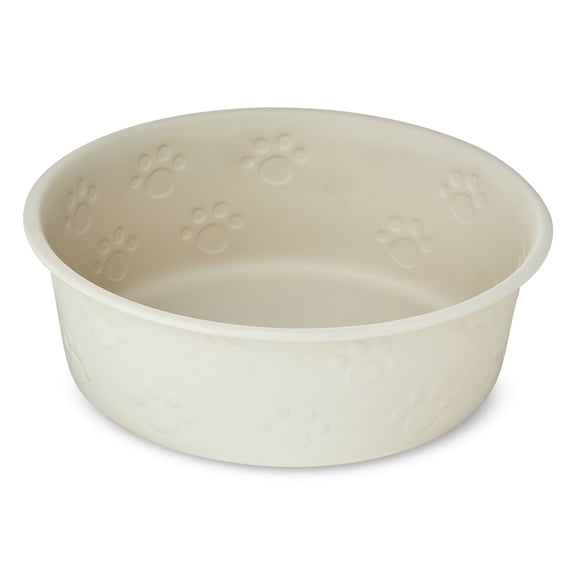 Vibrant Life Large Stainless Steel Embossed Dog Bowl, Off-White Paws