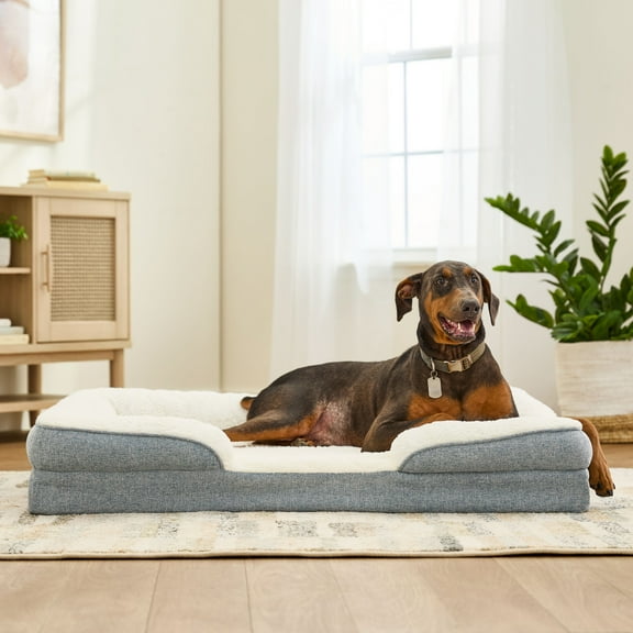 Vibrant Life Orthopedic Bolster Bed for Dogs, Machine Washable Cover, Blue, 48" x 35"