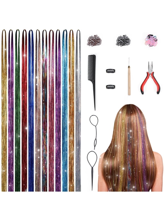 12 Colors Hair Tinsel Kit with Tools 48 Inch 2400 Strands Tinsel Hair Extensions Sparkling Shiny Hair Tinsel Strands Kit for Christmas New Year Cosplay Party