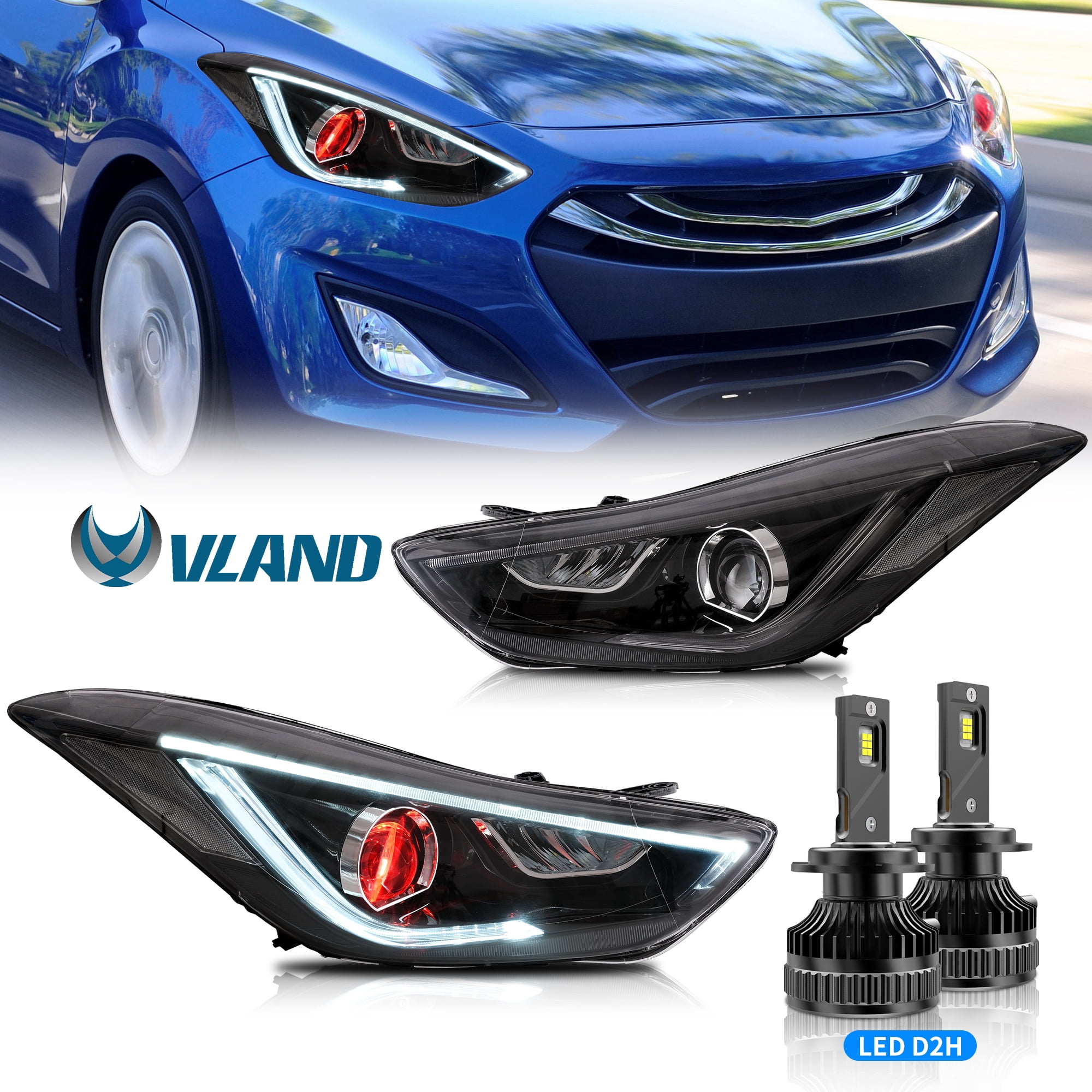 VLAND Headlights Assembly Fit for Hyundai Elantra 2012-2015 & Elantra ...