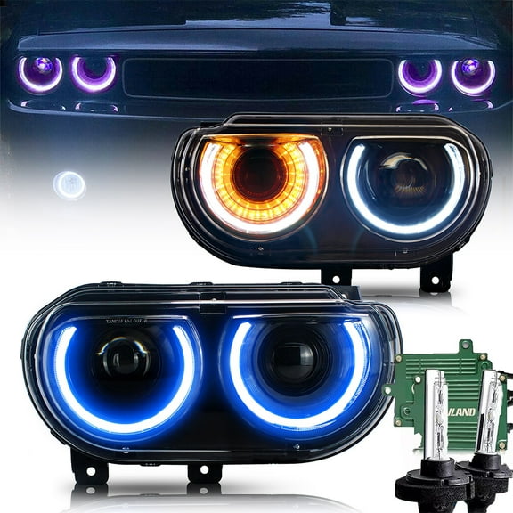 VLAND for 2008 2009 2010 2011 2012 2013 2014 Dodge Challenger Halo RGB Headlights Assembly Replacement+D2H Blubs with Decoder