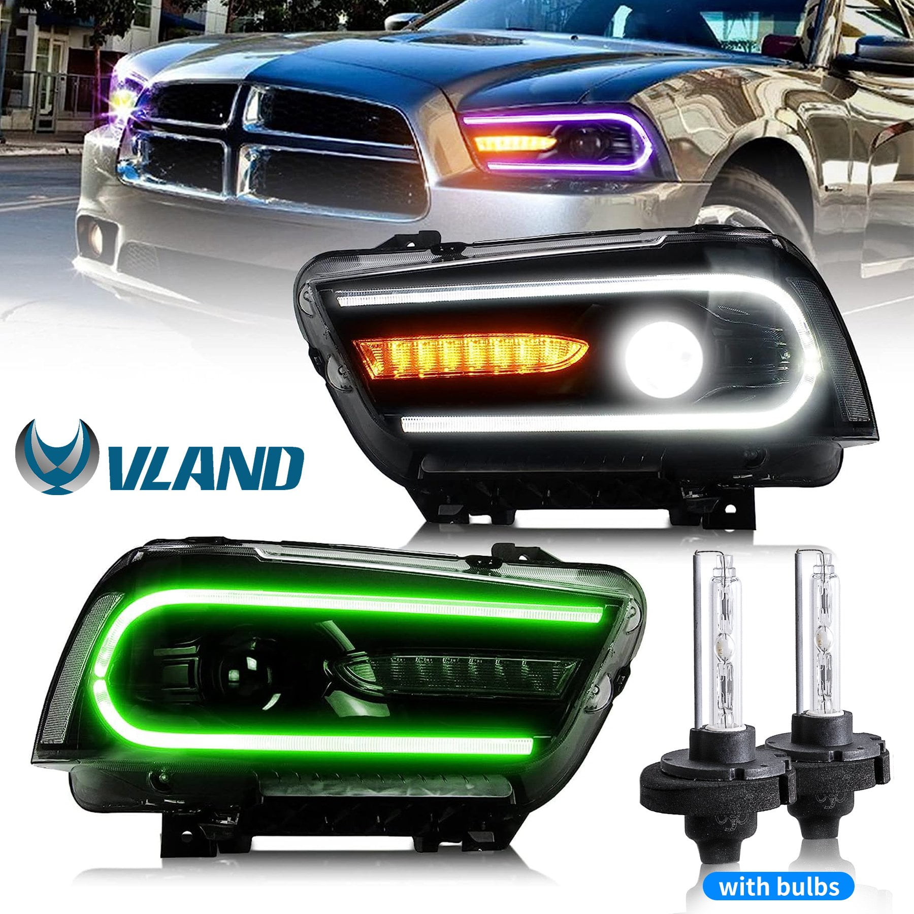VLAND for Dodge Charger 2011 2012 2013 2014 Dual Beam Projector RGB Headlights Replacement Assembly (Bulbs Included)