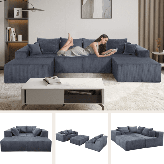 VLDTDRDI 128.35" Oversized Queen Size Modular Sectional Sofa,6-Seat Corduroy Sectional Couch with Deep Seat,Modern Modular U-Shape Sofa Couch with 6 Pillows,Modern Family Living Room Furniture,Gray