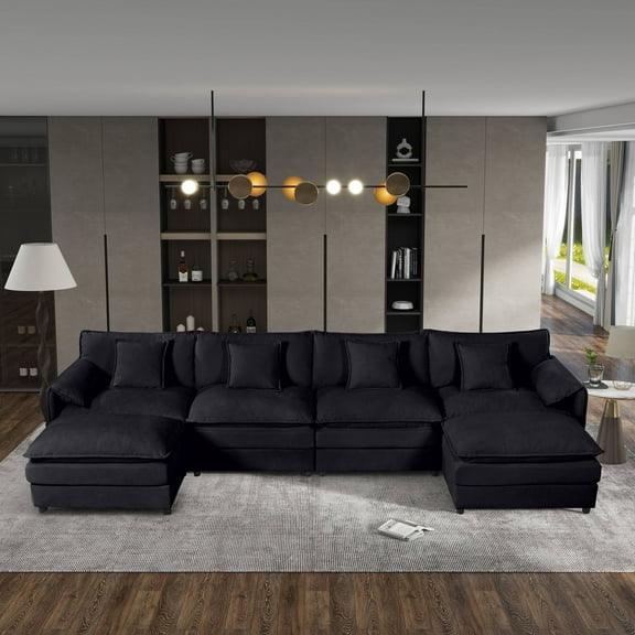 VLDTDRDI 143.31" Oversized Modular Sectional Sofa, 6 Seat Chenille Sectional Couch with Deep Seat, Modern Modular U-Shape Sofa Couch with 2 Ottomans,Convertible Sectional Couch for Living Room,Black