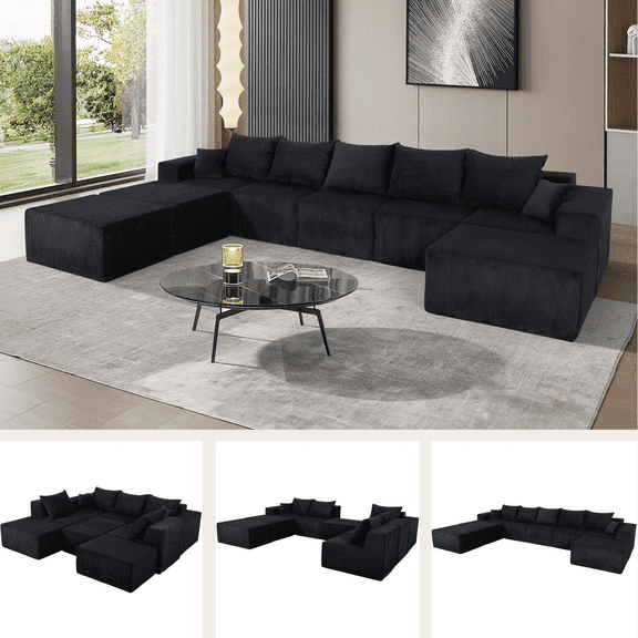 VLDTDRDI 155.91" Oversized Modular Sectional Sofa,8-Seat Corduroy King Size Sleeper bed with Deep Seat,Modern Modular U-Shape Sofa Couch with 7 Pillows,Modern Family Living Room Furniture,Black