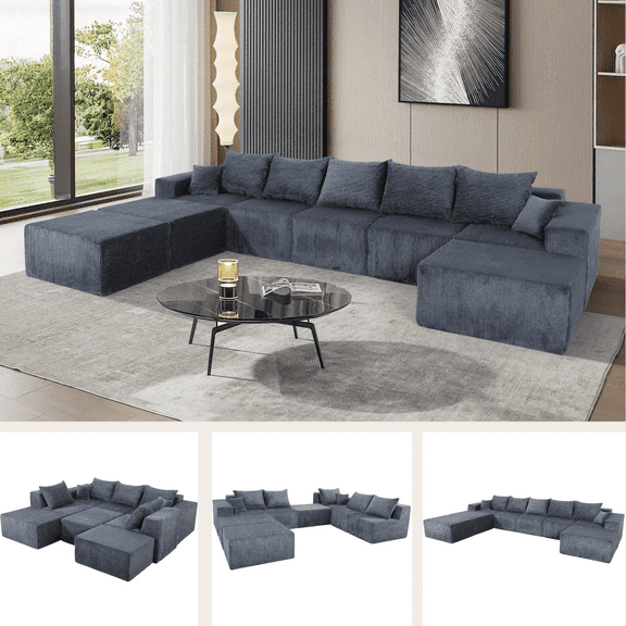 VLDTDRDI 155.91" Oversized Modular Sectional Sofa,8-Seat Corduroy King Size Sleeper bed with Deep Seat,Modern Modular U-Shape Sofa Couch with 7 Pillows,Modern Family Living Room Furniture,Grey