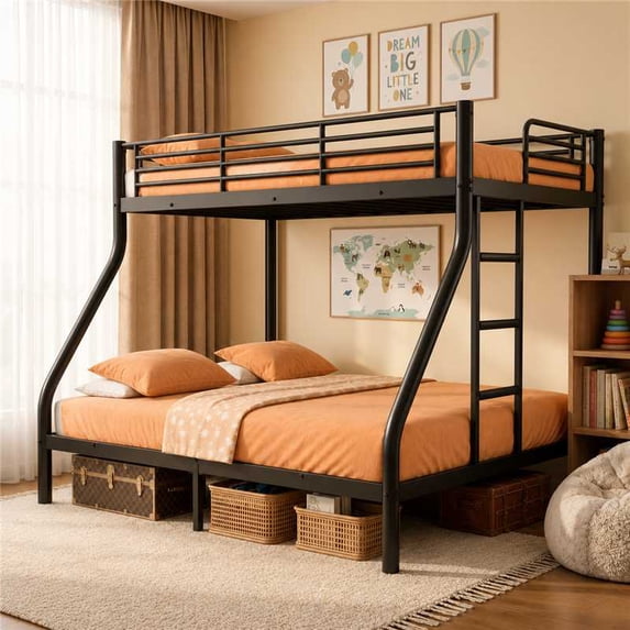 VLDTDRDI 500LBS Metal Bunk Bed,Twin Over Full Size Loft Bunk Bed with Ladder and Guardrail,Heavy Duty Metal Bed Frame for Teens Adults, Black