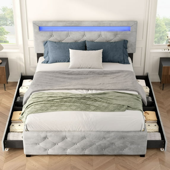 VLDTDRDI Full Size Bed Frame with 4 Storage Drawers and LED Lights,Velvet Upholstered Platform Bed with Headboard,Wood Slats Support, No Box Spring Needed, Grey