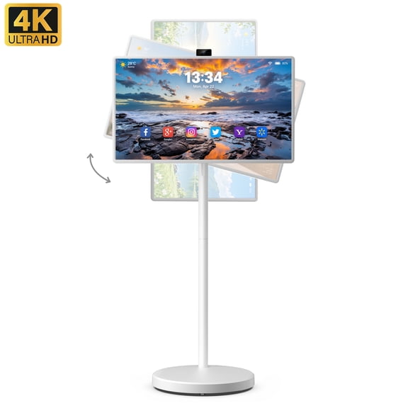 VLH 32" UHD 4K Smart Portable TV on Wheels, 10-Point Touchscreen, Google EDLA-Certified Android 15, 8GB+128GB, 38400mAh Battery, Rolling TV with Detachable HD Camera & Voice Remote