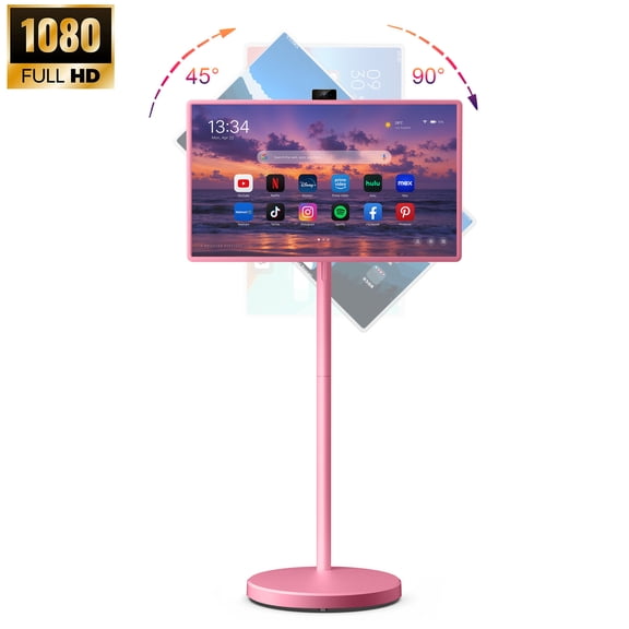 VLH 32" FHD Smart Portable TV on Wheels, 10-Point Touchscreen, Google EDLA-Certified Android 15, 8GB+128GB, 38400mAh Battery, Rolling TV with Detachable HD Camera & Voice Remote, Pink