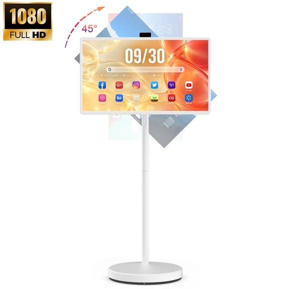 VLH 32" FHD Smart Portable TV on Wheels, 10-Point Touchscreen, Google EDLA-Certified Android 15, 8GB+128GB, 38400mAh Battery, Rolling TV with Detachable HD Camera & Voice Remote