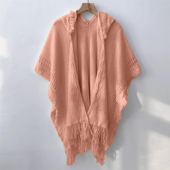 VLOOCKLW Hooded Cape with Fringed Hem Crochet Poncho Knitting Patterns for Women