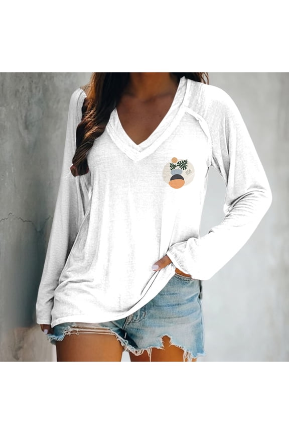 Summer Tops for Women Deep V Neck Long Sleeve Tops Loose Fit T Shirt Side Slit High Low Tunic Tops with Thumb Hole Casual Loose Fit Curved Hem T Shirts (M-3XL)