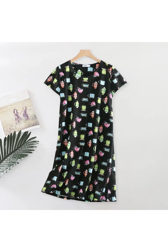 Women's Cotton Nightgown Sleepwear Short Sleeves Nightshirt Casual Print Sleepdress Loose Comfy Pajama Cotton Nightgowns