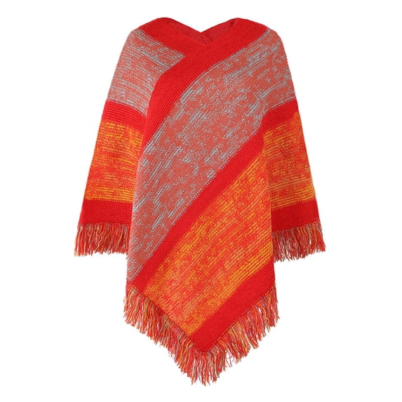 VLOOCKLW Women's Elegant Knitted Shawl Poncho with Fringed V-Neck Striped Sweater Pullover Cape Gifts for Women Mom
