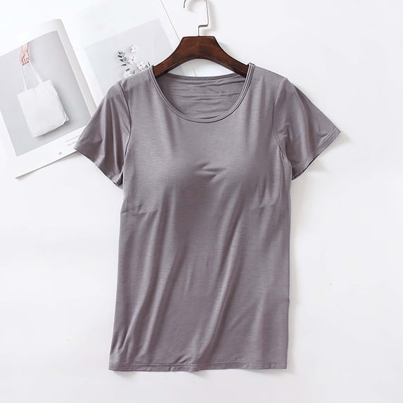 VLOOCKLW Women's Modal Built-in Bra Padded Active Camisole Short Sleeves Pajama Casual Tops T-Shirt