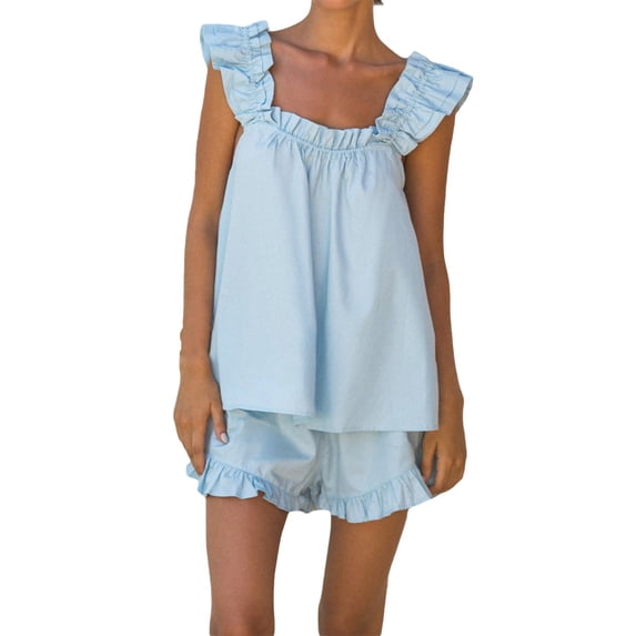 VLOOCKLW Women's Pajama Set – Ruffle Strap Tank Top & Wide Leg Shorts, 2 Piece Elastic Waist Sleepwear, Soft Summer Lounge Set Night Gowns for Adult Women