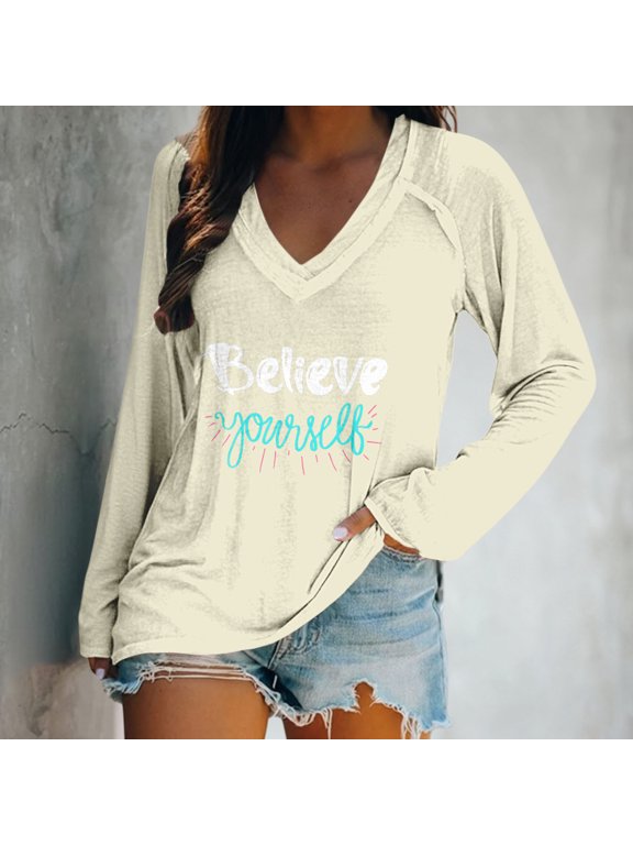 Womens Dressy Casual Shirts Deep V Neck Long Sleeve Tops Loose Fit T Shirt Side Slit High Low Tunic Tops with Casual Loose Fit Hem T Shirts (M-3XL)