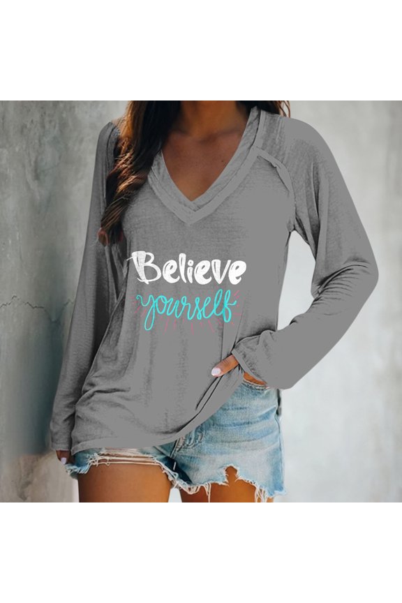 Womens Summer Tops Deep V Neck Long Sleeve Tops Loose Fit T Shirt Side Slit High Low Tunic Tops with Casual Loose Fit Hem T Shirts (M-3XL)