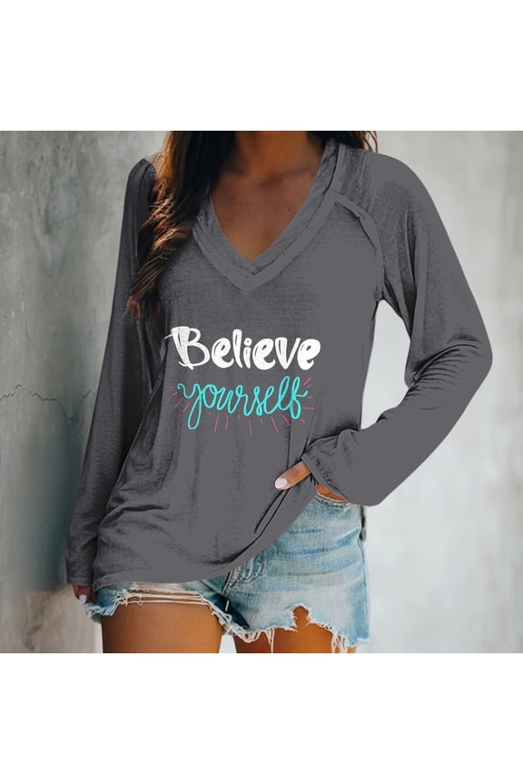 Womens Summer Tops Deep V Neck Long Sleeve Tops Loose Fit T Shirt Side Slit High Low Tunic Tops with Casual Loose Fit Hem T Shirts (M-3XL)