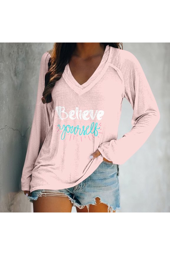 Womens Summer Tops Deep V Neck Long Sleeve Tops Loose Fit T Shirt Side Slit High Low Tunic Tops with Casual Loose Fit Hem T Shirts (M-3XL)