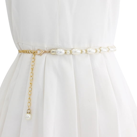 VLOOCKLW Womens Sweet Thin Pearl Chain Hook Adjustment Waist Belt Decorative Dress Small Fragrance For Jeans Skirt Boho Casual