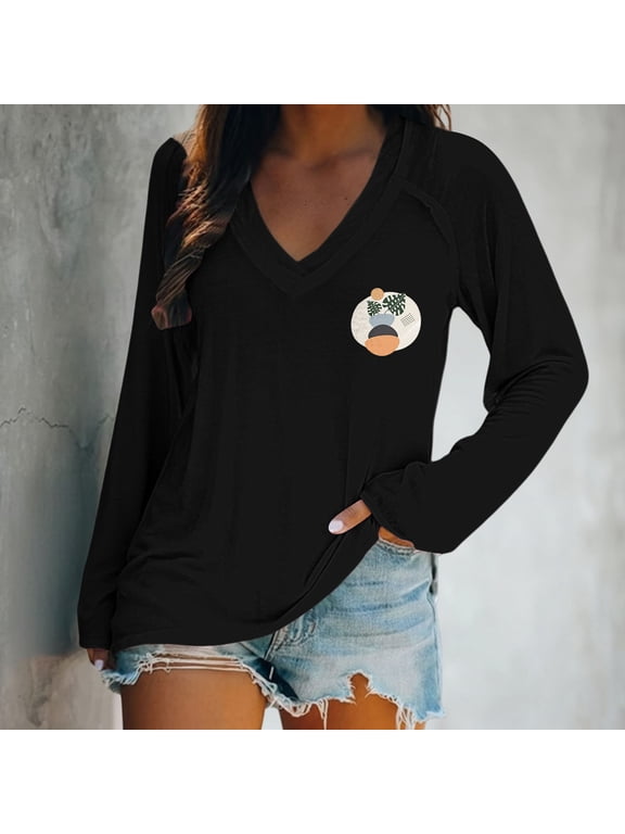 Womens Tops Dressy Deep V Neck Long Sleeve Tops Loose Fit T Shirt Side Slit High Low Tunic Tops with Thumb Hole Casual Loose Fit Curved Hem T Shirts (M-3XL)