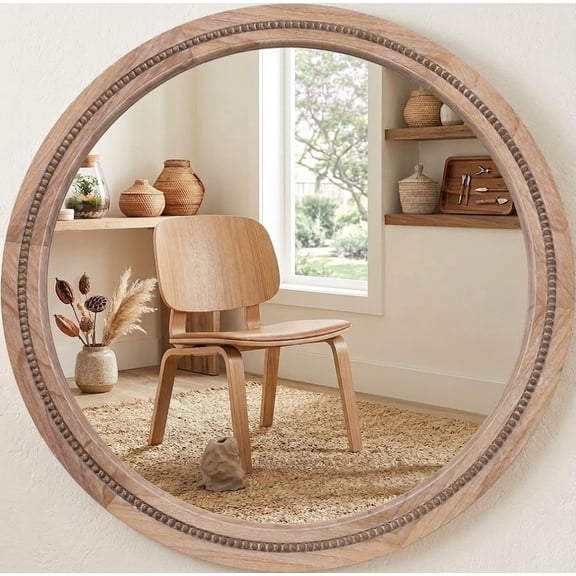 VLTALOOM 30" Round Solid Wood Wall Mirror, Handcrafted Beaded Circle Mirror for Bathroom Vanity, Natural Wood Frame Boho Farmhouse Decor for Entryway & Bedroom