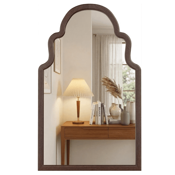 VLTALOOM 40"x24" Arched Solid Wood Wall Mirror, Mid-Century Modern Walnut Mirror for Bathroom Vanity, Rustic Dark Brown Wood Frame Mirror for Bedroom & Living Room, Boho Decor