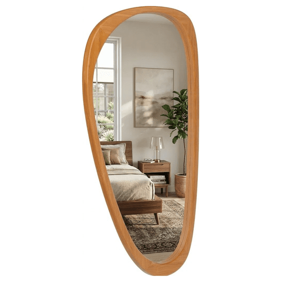 VLTALOOM 48"x24" Irregular Solid Wood Wall Mirror, Asymmetrical Wabi-Sabi Statement Mirror, Modern Organic Aesthetic Full Length Mirror for Bedroom & Living Room, Honey Walnut