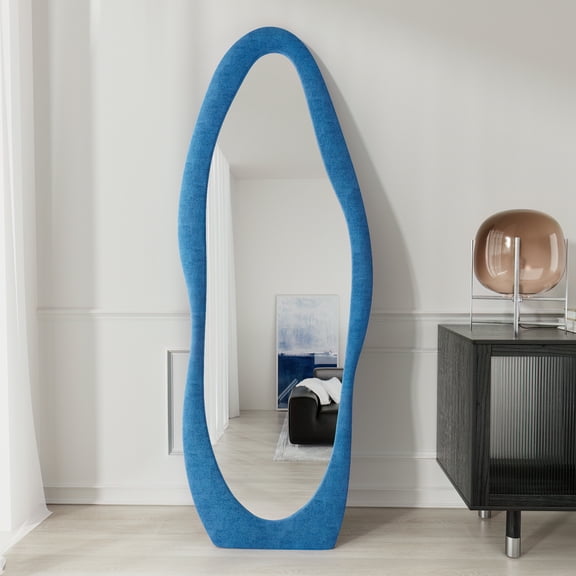 VLUSH Irregular Full Length Mirror, Floor Mirror Hanging & Leaning, 63"x24" Wavy Wall Mirror (Blue)