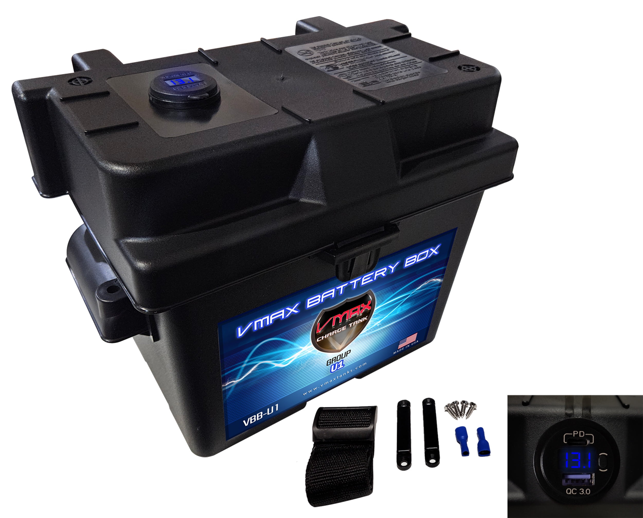 VMAX Group U1 12V Universal Battery Box w/ strap Voltmeter dual USB/USB
