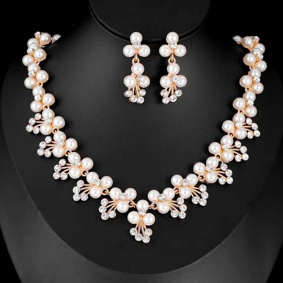 VMENG YZYI Elegant Gold Color Jewelry Set For Women, Luxury Rhinestone Pearl Necklace Earring, Bridal Wedding Party Banquet Gift