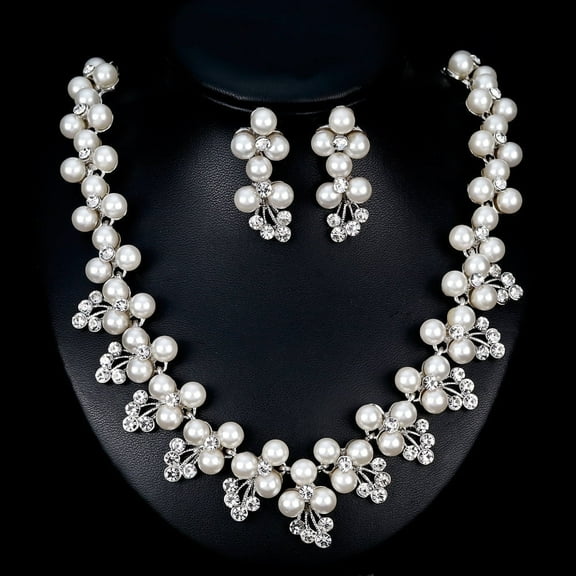 VMENG YZYI Elegant Silver Color Jewelry Set For Women, Luxury Rhinestone Pearl Necklace Earring, Bridal Wedding Party Banquet Gift