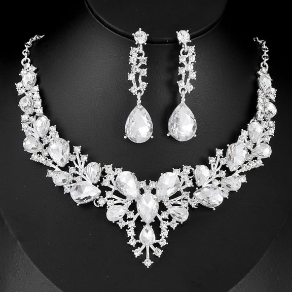 VMENG YZYI Luxury White Crystal Jewellery Set For Women, Botanical Flower Necklace Earrings, Bridal Wedding Party Dress Accessories Gifts
