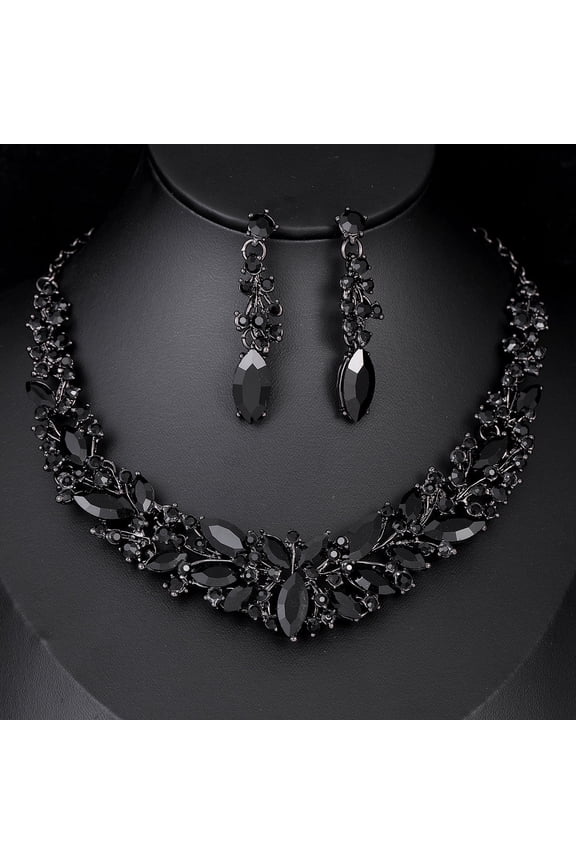 Noble Black Crystal Jewelry Set for Women, Luxury Necklace Earring, Bridal Wedding Chokers, Party Banquet Dress Accessories Gift