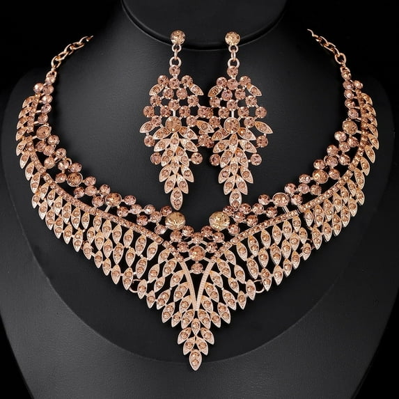 VMENG YZYI Noble Champagne Gold crystal jewelry set for women, luxury earrings necklace, bridal wedding, party dress accessories gift