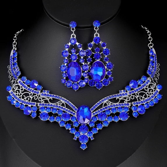 VMENG YZYI Noble Crown Design Jewelry Set For Women,Blue Luxury Crystal And Diamond Necklace Earrings Set, Wedding Banquet Party Evening Dress Wear Gifts