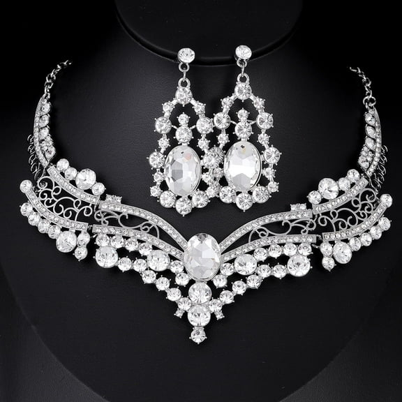 VMENG YZYI Noble Crown Design Jewelry Set For Women, White Luxury Crystal And Diamond Necklace Earrings Set, Wedding Banquet Party Evening Dress Wear Gifts