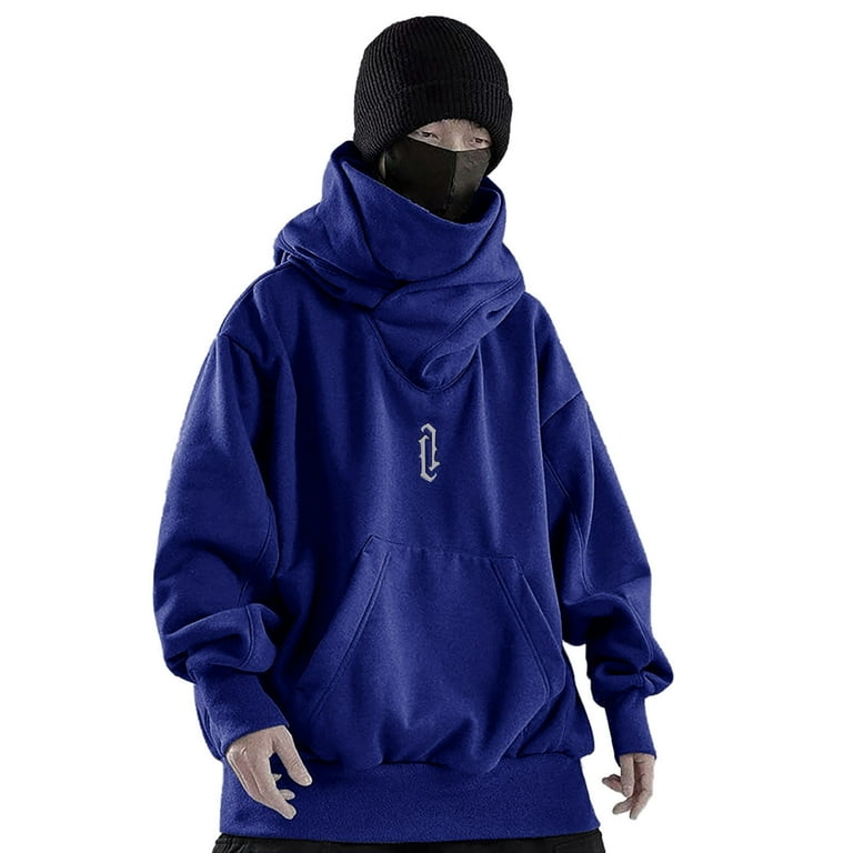 Vmeszqfg Oversized Hoodies for male Man Autumn and Winter Solid Long Sleeve Hoodie Pocket High Loose Hooded Sweatshirt Hiphop Blue XL Men s