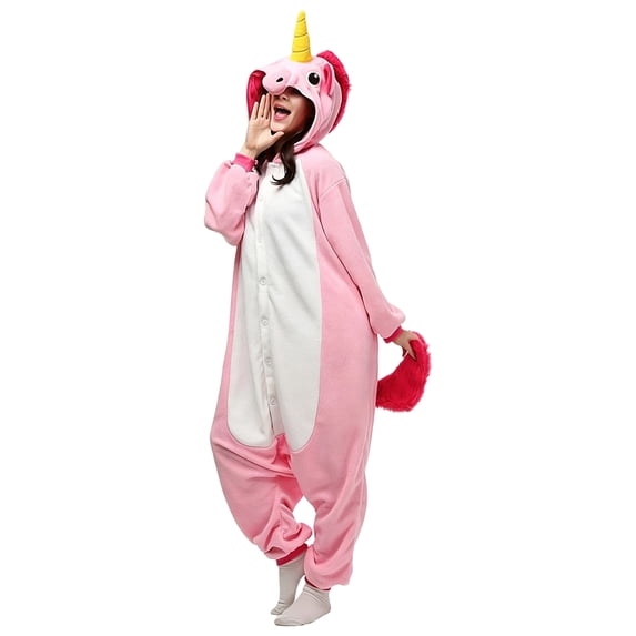 VMESZQFG Pink Unicorn Adult Onesie Costume, Plush Hooded Jumpsuit with Horn and Tail, Unisex Halloween Cosplay Pajamas for Women Men