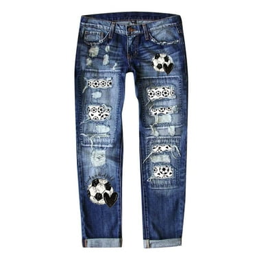 VMESZQFG Women's High Rise Jeans Temp Life Leggings Women Football Heart Print Casual Straight Pants Patch Ripped Jeans Ruffle Jean Shirt for Women Blue