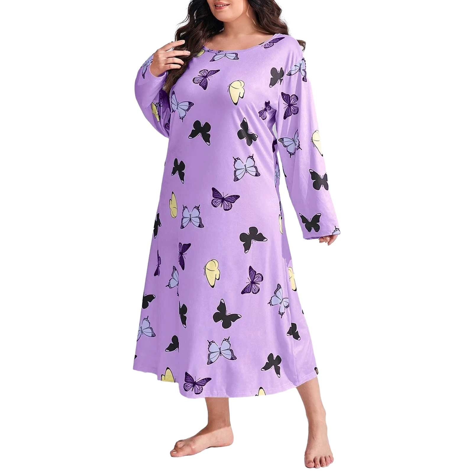 MZROCR Women's Long Sleeve Cotton Nightgown - Soft Sleepwear & Loungewear, Purple Ink Flower Print, Large - View #9