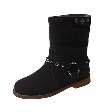 VMESZQFG Women's Slip On Sneakers Women's Boots Mid Calf Women's British Fashion Versatile Low Heel Round Toe Retro Mid Calf Boots Women Leather Boots Black